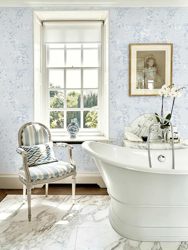 Dimoon Blue Peel and Stick Wallpaper Floral Vintage Wallpaper French Country Renter Friendly Contact Paper Bathroom Kitchen Removable Boho Stick on Wall Paper Vinyl Roll 17.3''x197 - Image 7