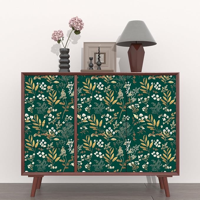 Laatse Vintage Dark Green Gold Floral Peel and Stick Wallpaper 17.5"x197" | Self Adhesive/Removable/Waterproof/Thick Vinyl Contact Paper for Bathroom Bedroom Shelf Cabinet Drawer,Prepasted,Easy Peel - Image 3