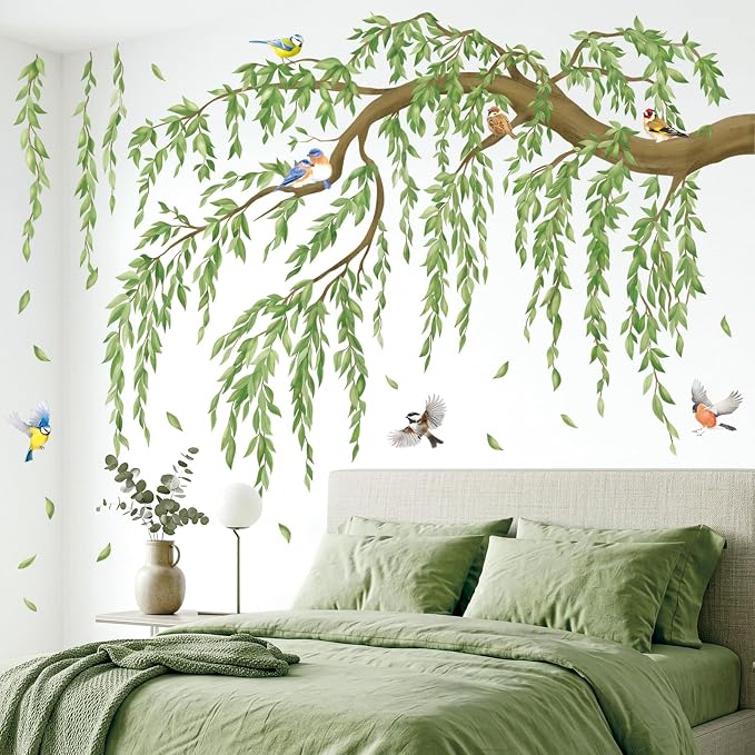 DECOWALL Large Green Leaf Willow Branch Wall Stickers Decals (SG4-2521) | Watercolor willow scene with songbirds and cascading leaves; peel and stick, removable nursery, bedroom and living room decor - Image 3