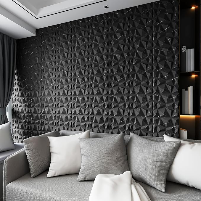 Art3d A10315BM 3D Diamond Design Paneling for Interior Decor, Living Room, TV Wall Background, Bedroom, Gaming Setup, 11.8" x 11.8", Black Marble, 33 Pack - Image 3