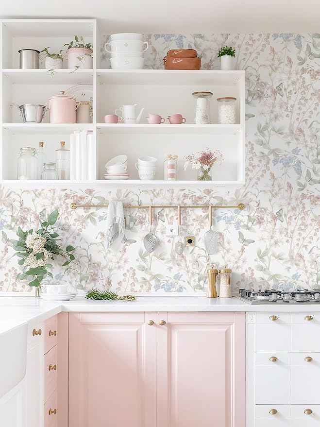 Dimoon 197"x17.3" Floral Wallpaper Pink Peel and Stick Wallpaper White Boho Contact Paper Botanical Wildflower Morden Cottage Renter Friendly Bathroom Flower Kitchen Self Adhesive Vinyl Roll - Image 2