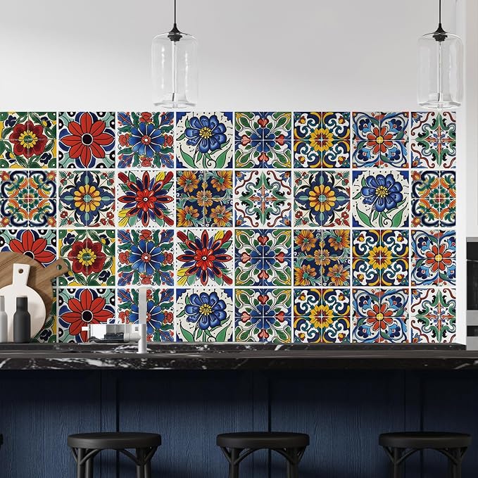 30 Pcs Mediterranean Style Peel and Stick Wall Tile Decals - Waterproof Vinyl Stickers for Kitchen Backsplash, Bathroom, Stair Riser Decor - Spanish Floral Pattern - 4x4 Inch - Image 3