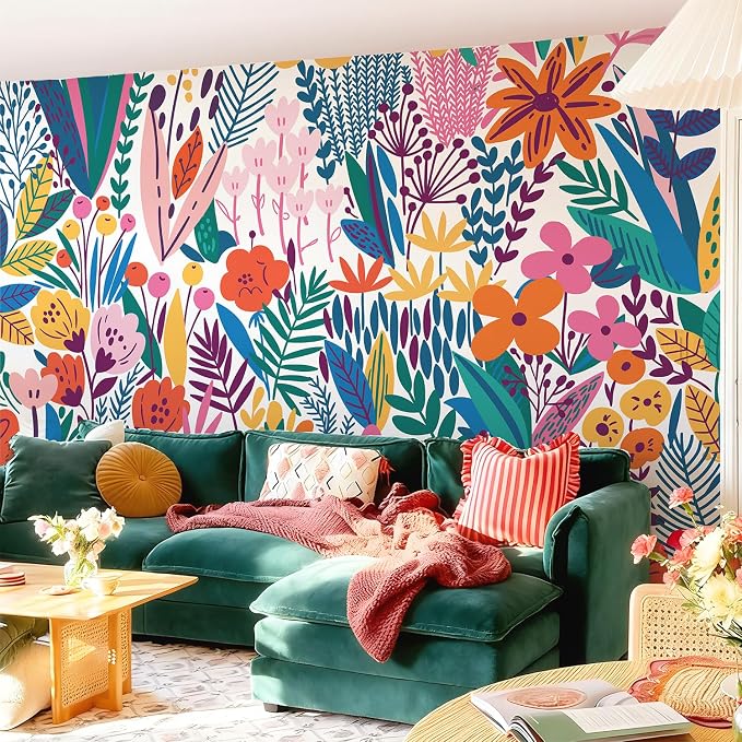 Colorful Floral Peel and Stick Wall Mural for Living Room | Extra Wide Urban Funky Wallpaper, Removable Leather Textured & Water-Resistant, Open Floor Plan, Salon Hotel Gallery - Image 2