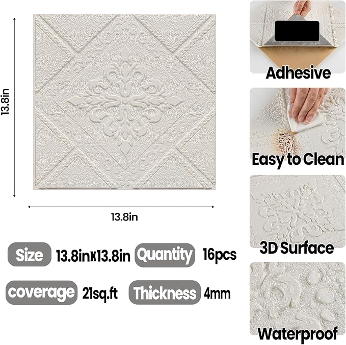 Ceiling Tiles 13.8x13.8 inch, 16 Pcs Ceiling Tiles | Peel and Stick Covering 21 sq.ft Self-Adhesive Waterproof for Interior Wall Decor - Image 2