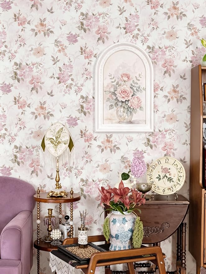 Floral Peel and Stick Wallpaper Pink Wall Paper Vintage Farmhouse Contact Paper Slef Adhesive Removable Wallpaper Watercolor Vinyl Waterproof for Living Room Bedroom Kitchen Bathroom 17.3"×78.7" - Image 9