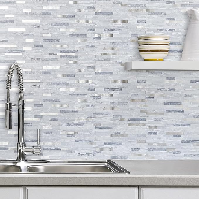 AULIGET 20 Sheets Faux Stone Peel and Stick Backsplash, Light Grey Marble Look PVC Mixed Metal Wall Tiles Stick on Backsplash for Kitchen - Image 5