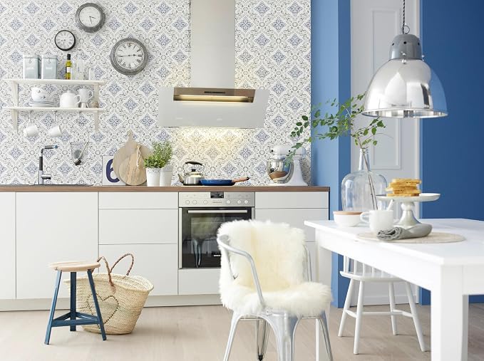 Peel and Stick Wallpaper Blue Wallpaper for Kitchen 16.9" x 393.7" | Blue Geometric Wall Paper for Bathroom Waterproof Boho Self Adhesive Removable Contact Paper Backsplash Decorative Vinyl - Image 4