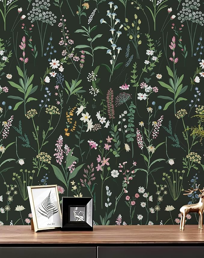 JiffDiff Dark Green Botanical Floral Peel and Stick Wallpaper, 17.3" x 472" | Waterproof Removable Self Adhesive Wallpaper, Dark Farm Wildflower Stick on Wallpaper for Home Bedroom Contact Paper,60 sq. by wallpaper
