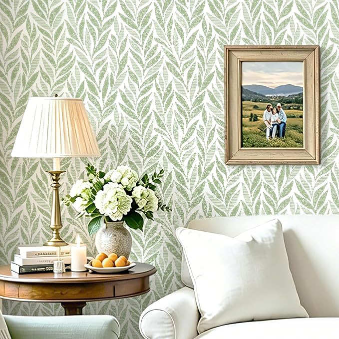 Safiyya Green Leaf Peel and Stick Wallpaper 787"x17.3" Boho Modern Farmhouse Wall Paper Sage Contact Paper Waterproof Self Adhesive Removable Wallpaper for Bedroom Bathroom Vinyl Roll by SAFIYYA