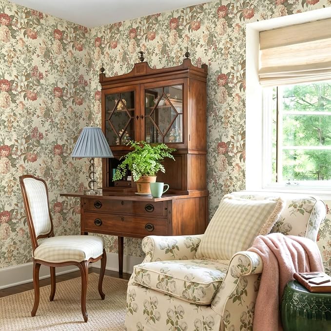 Floral Wallpaper Vintage Peel and Stick Wallpaper for Bathroom 78.7"×17.3" Cream Floral Wall Paper Peony French Country Contact Paper for Nursery Kitchen Self-Adhesive Vinyl Waterproof - Image 3