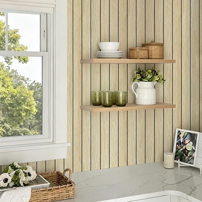 Beige Wood Wall Panels Textured Wood Slats 3D Soundproof Wall Panel | Peel and Stick Shiplap 23.62" x 110.24"Wooden Panel Walls Decor Self Adhesive Wooden Panel Wallpaper for Studio Homes Ceiling - Image 4