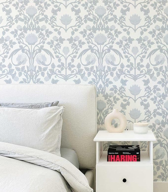 YXTII 17.3"×78.7" Blue Floral Peel and Stick Wallpaper, Damask Vintage Wallpaper for Bedroom Bathroom Self Adhesive Removable - Image 5