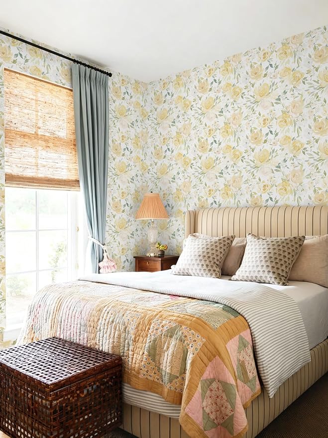 Ismoon Yellow Floral Peel Stick Wallpaper Boho Stick on Wallpaper | Watercolor Contact Paper for Cabinet Removable Self Adhesive Vinyl Wallpaper for Girl Bedroom Accent Wall Decor 17.3x393in - Image 4
