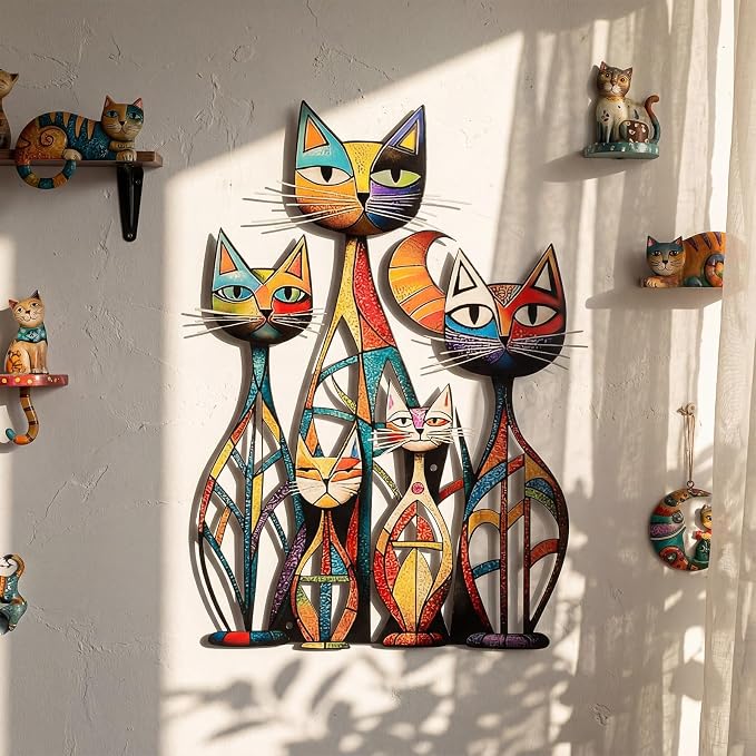 Wesiti Cat Wall Art Metal Decor Colorful Retro Mid Century 10.6x15.7 in | Iron Sculpture for Cat Lovers, Geometric Design for Living Room Bedroom Kitchen Office, Adds Retro Artistic Personality - Image 3
