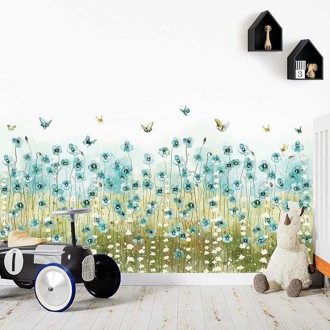 LiveGallery Blue Flowers Wall Decals White Daisy Wall Stickers DIY Peel and Stick Butterfly Plants Wall Sticker for Baby Kids Girls Bedroom Nursery Living Room Office Corners Skirting Lines - Image 7
