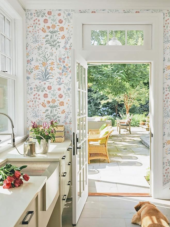 Floral Peel and Stick Wallpaper Vintage Wallpaper Colorful Wall Paper Wildflower Contact Paper for Cabinets Vinyl Renter Friendly Waterproof Self-Adhesive Bathroom Kitchen Bedroom 393"×17.3" - Image 4