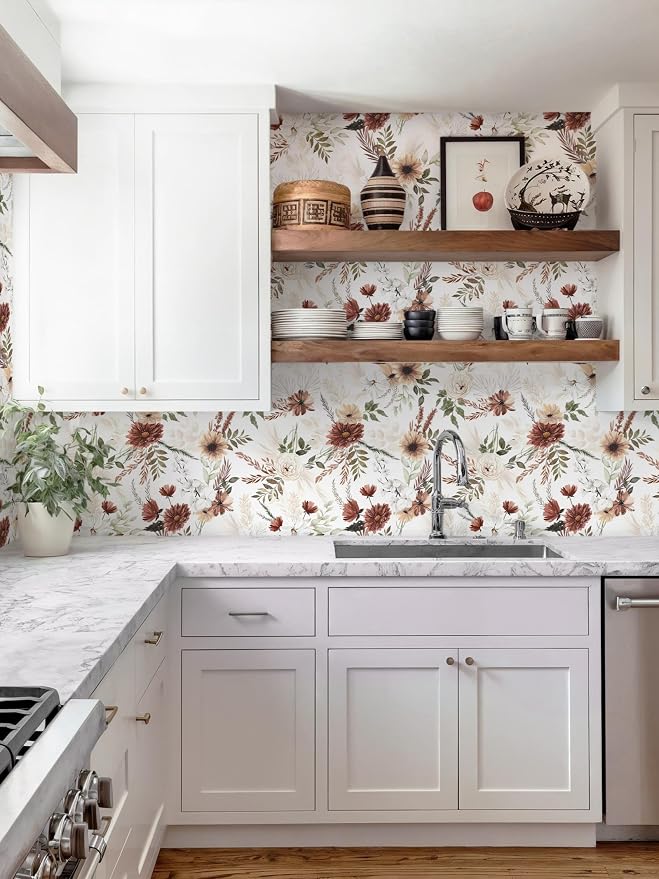 Dimoon 17.3''x197'' Floral Peel and Stick Wallpaper Vintage Beige Antique Contact Paper Bathroom Village Country Cottage Wallpaper Farmhouse Renter Friendly Geometry Waterproof Kitchen Bedroom Vinyl - Image 5