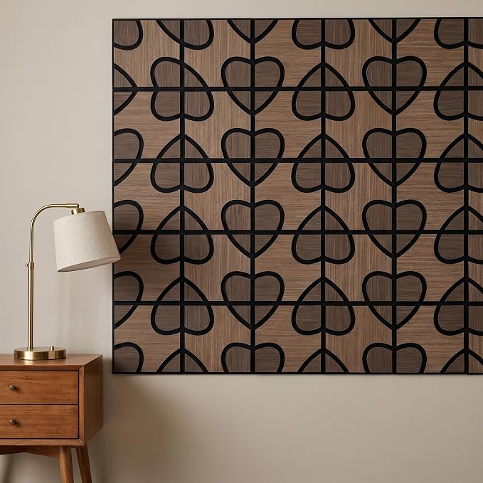 Acoustic Wood Slat Panels, 3D Fluted Wood Panel Sound Absorbing Panel for Bedroom, Office, Interior Decor, 12Pack 11.8"x11.8" (15.5ft²) Soundproof Panels, Bean & Heart Black Oak - Image 2