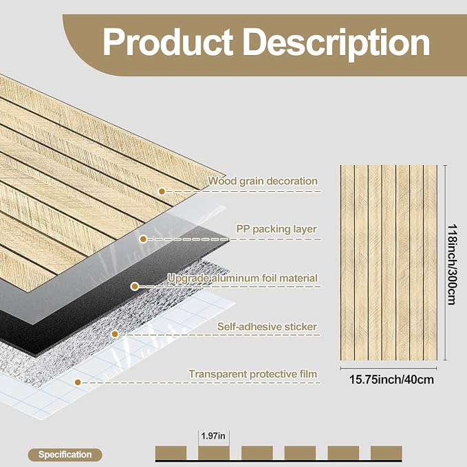 Chejiaye Peel and Stick 3D Wall Panel -15.75"x118"Soundproof Self-Adhesive Wall Sticker, Removable Thick PVC Slat Contact Paper for Kitchen Bedroom,Ceiling Wall Decoration Wood Grain (Light Grey) - Image 5