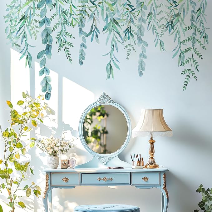 Green Hanging String of Willow Wall Decals Peel and Stick, Large Plants Vinyl Wall Stickers, Removable Vine Home Decor Art for Bedroom Living Room Classroom Office - Image 8