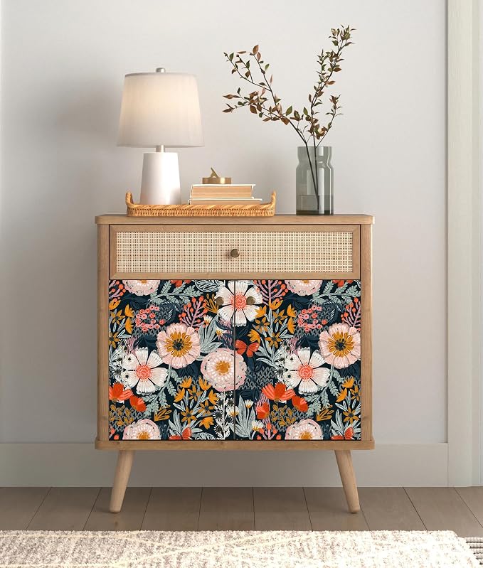 HAOKHOME Navy Pink Floral Peel and Stick Wallpaper Boho Contact Paper Decor | Textured Stick on Wall Paper Renter Friendly Removable Orange Flowers Bathroom Bedroom Cabinet Drawer Craft 17.3in x 6.6ft - Image 3