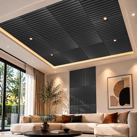 Art3d 12-Pack Acoustic Wood Slat Panel & Ceiling Tile, 2 x 2 ft, Blackwood | Crack-Resistant, Scratch-Resistant, Eco-Friendly, Durable, Grid Compatible, Ideal for Living Room, Bedroom & Home DIY Upgrade - Image 2