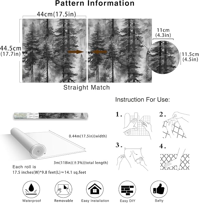 HAOKHOME Forest Peel and Stick Wallpaper Black White Tree Mural Bathroom | Textured Removable Modern Landscape Mountain Botanical Wall Paper Modern Waterproof Bathroom Bedroom Decor 17.3in x 9.8ft - Image 7