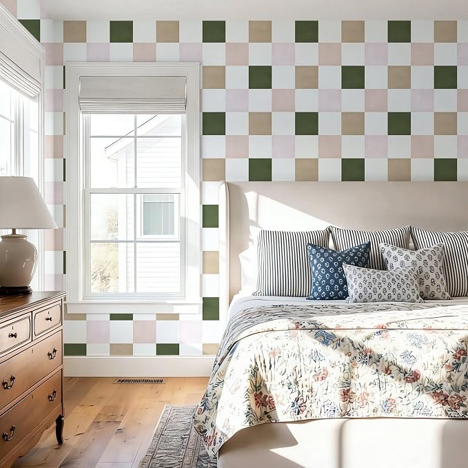 Ismoon Modern Peel and Stick Wallpaper Pink and Green Checkered Contact Paper Removale Self-Adhesive Stick on Wallpaper for Bedroom Bathroom Shlef Cabinet Décor 17.3in x 49.2ft - Image 6