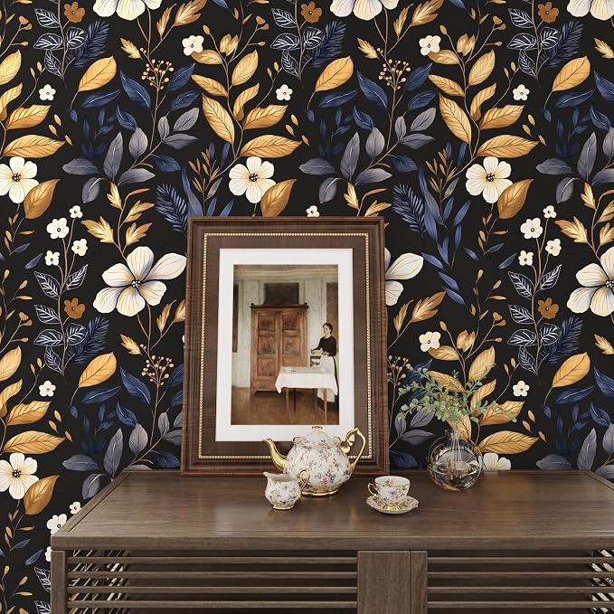 Laatse Vintage Dark Blue Gold Floral Peel and Stick Wallpaper 17.5"x787" | Self Adhesive/Removable/Waterproof/Thick Vinyl Extra Long Contact Paper for Bathroom Bedroom Shelf Cabinet Drawer,Prepasted - Image 2