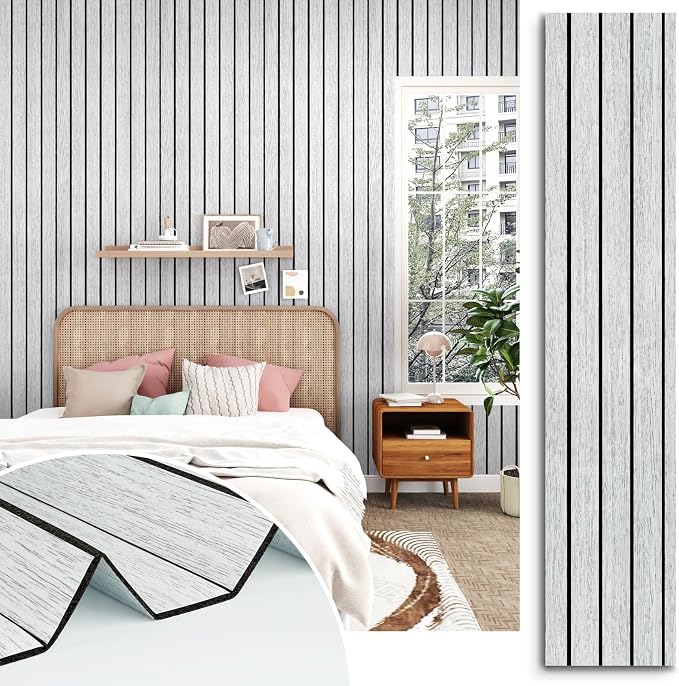 White/Grey Wood Panels for Wall Peel and Stick 3D Wood Slat Wall Panels 197"x 23.6" Self Adhesive Foam Wooden Walls Panel Removable Bcoustic Wooden Wallpaper for Bedroom Studio Bathroom by STICKEEP