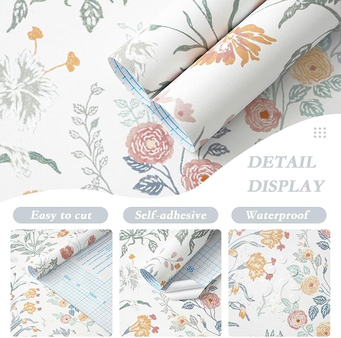 Floral Peel and Stick Wallpaper Vintage Wallpaper Colorful Wall Paper Wildflower Contact Paper for Cabinets Vinyl Renter Friendly Waterproof Self-Adhesive Bathroom Kitchen Bedroom 78.7"×17.3" - Image 8