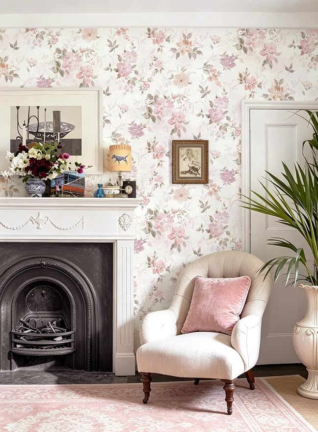 Floral Peel and Stick Wallpaper Pink Wall Paper Vintage Farmhouse Contact Paper Slef Adhesive Removable Wallpaper Watercolor Vinyl Waterproof for Living Room Bedroom Kitchen Bathroom 17.3"×78.7" - Image 3