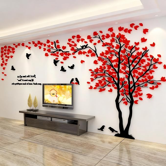 Family Tree Wall Decor Decals - DIY 3D Tree of Life Wall Art Large Decal Stickers Silver Decor Living Room Mural for Bedroom Hallway Home TV Background (Red Right,XL-158X79in) by guangmu