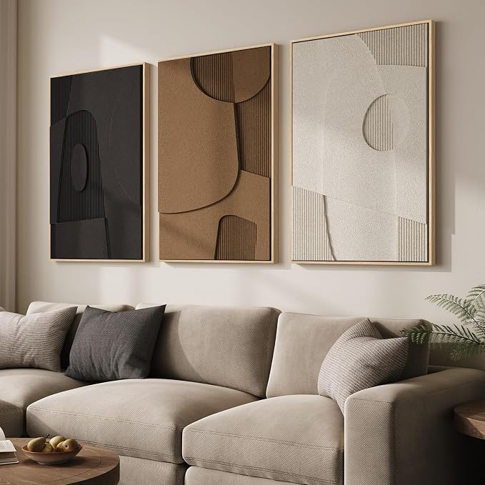 3D Textured Large Framed Abstract Wall Art for Living Room, 3Piece 24x36 In | Wood Frames, Neutral Black White Brown Sandstone Paintings, Modern Artwork for Walls, Geometric Wall Decor Bedroom Office - Image 2