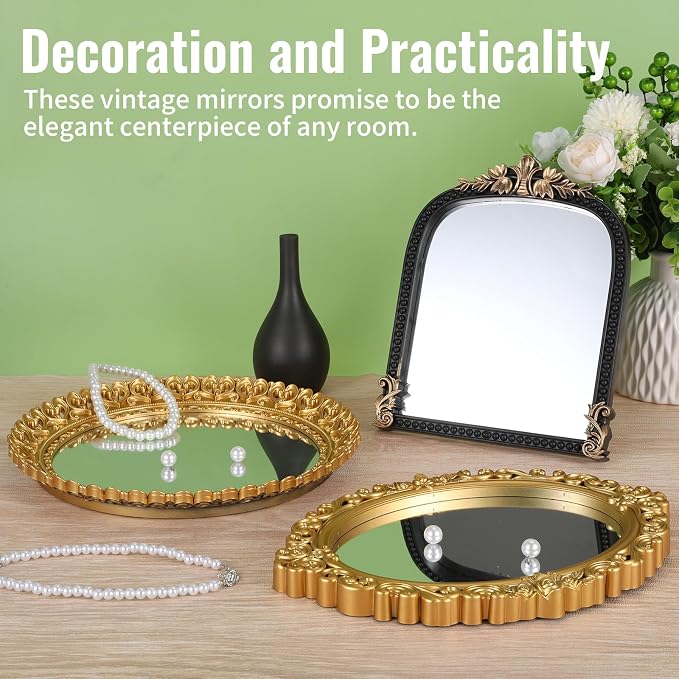 YEXEXINM 3 Styles Vintage Gold Mirror Set Decorative Antique Mirrors for Wall Hanging Vanity Table Mirrors with Stand Resin Frame Retro Mirror for Living Room, Bedroom, Dresser & Photography Decor - Image 4