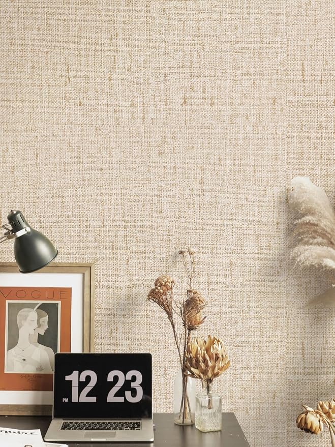 Beige Grasscloth Peel and Stick Wallpaper Textured 15.7in x 118.1in | Faux Linen Wallpaper Peel and Stick Vintage Grasscloth Contact Paper Self Adhesive Removable Contact Paper for Bedroom Vinyl - Image 2