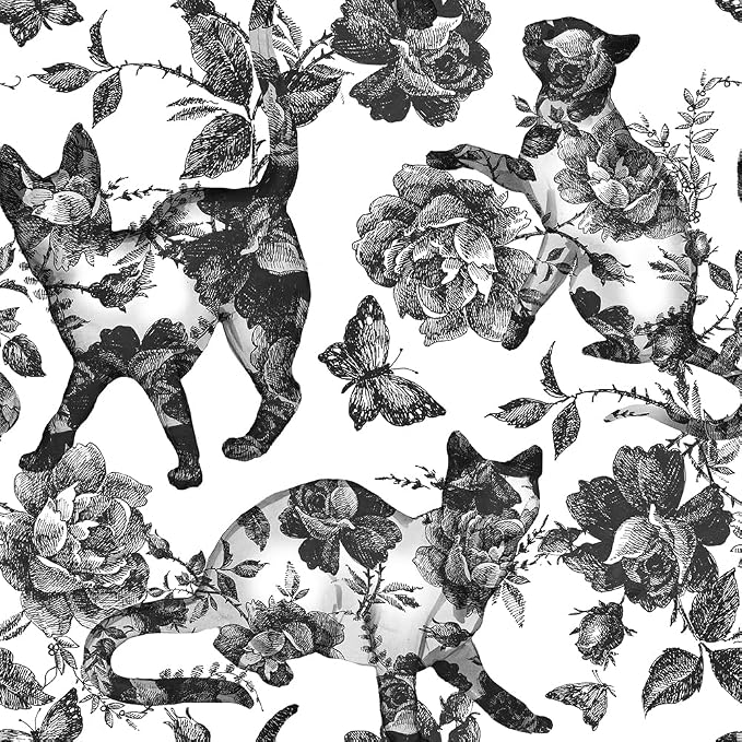 MuralPeel Black White Vintage Floral Cat Animals Butterfly Peel and Stick Wallpaper Self Adhesive Removable Easy Peel Off Contact Paper Stick on Wall Paper for Bedroom Cabinet Renter Friendly by MuralPeel
