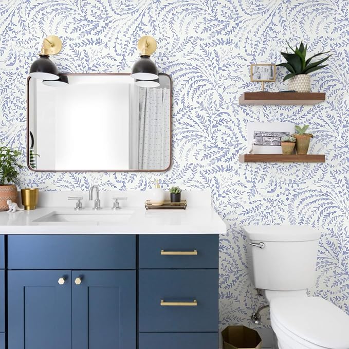 Ismoon Boho Peel and Stick Wallpaper Blue and White Farmhouse Contact Paper | 17.3x78.7in Leaf Botanical Stick on Wall Paper Removable Self Adhesive Vinyl Wallpaper for Bedroom Accent Wall Decor Hallway - Image 2
