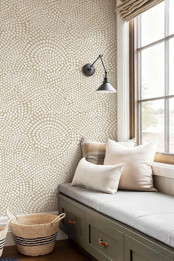 Moire Dots,Modern Dotted Wallpaper, Bohemian Contact,Modern Dotted Neutral (Beige & White) Peel and Stick Wallpaper for Home Decor | 17.7" x 118", Self-Adhesive, Waterproof Vinyl - Image 3