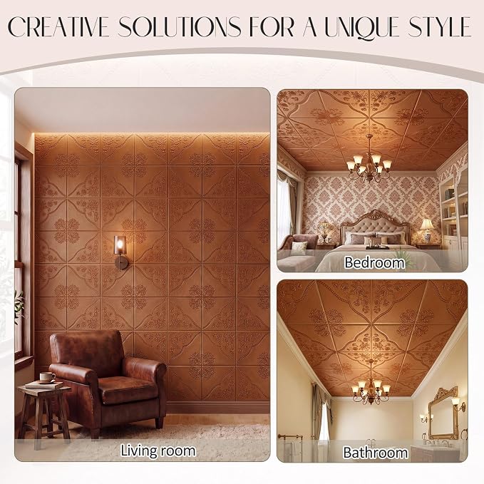 Nuanchu 40 Pcs 13.8 x 13.8 Inch Ceiling Tiles Peel and Stick, Copper | Foam White 3D Wall Panels 26-105.5 Sq. ft Adhesive Glue up Waterproof Wallpaper for DIY Office Home - Image 7