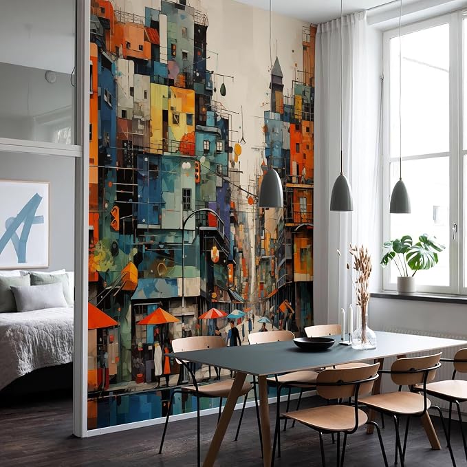 Zeeko Colorful Modern City Wall Murals 3D Peel and Stick 148" W x 98" H | Hand Painted City Wallpaper Removable Graffiti Wall Paintings People Building Abstract Wall Decor for Bedroom Bathroom Office - Image 3