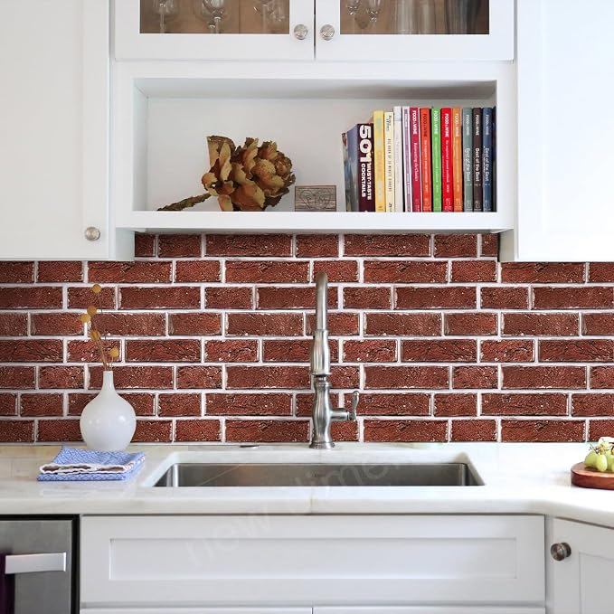 Commomy Faux Brick Panels Peel and Stick Wall Stickers 10 Pcs 11.8" x 11.8" | Small Size Thin PVC Red Fake 3D Brick Wallpaper for Kitchen,Fireplace,Home Office,Wall Covering Decor(Covers 9.7 sq.ft) - Image 7