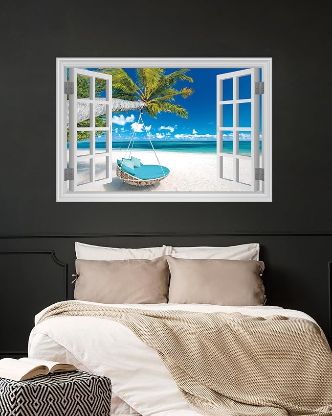 FLFK Fake Window Wall Decal, Tropical Beach Paradise with Turquoise Ocean, White Frame, Peel and Stick, 48 x 32 Inches,for Living Rooms, bedrooms, and Offices - Image 6
