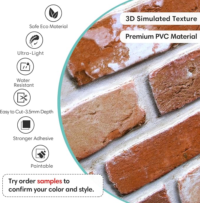 Commomy Faux Brick 3D Wall Panels,Thin UrltraLight PVC 22.8" x 11.8" | Thin UrltraLight PVC Peel and Stick Tile Retro Brick Printable for Bedroom,Living Room,TV Background（Covers 22.48 sq.ft - Image 3