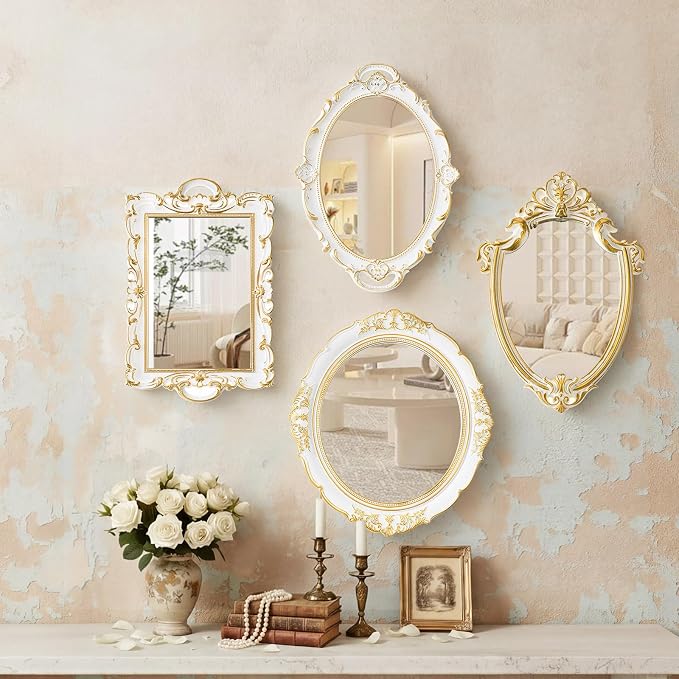Beeveer 4 Pcs Vintage Gold Wall Mirror Set Luxury Gallery Wall Mirror Decorative Hanging Antique Decor for Living Room Entryway Wedding Bedroom Bathroom Victorian Decor (Elegant,White) by Beeveer