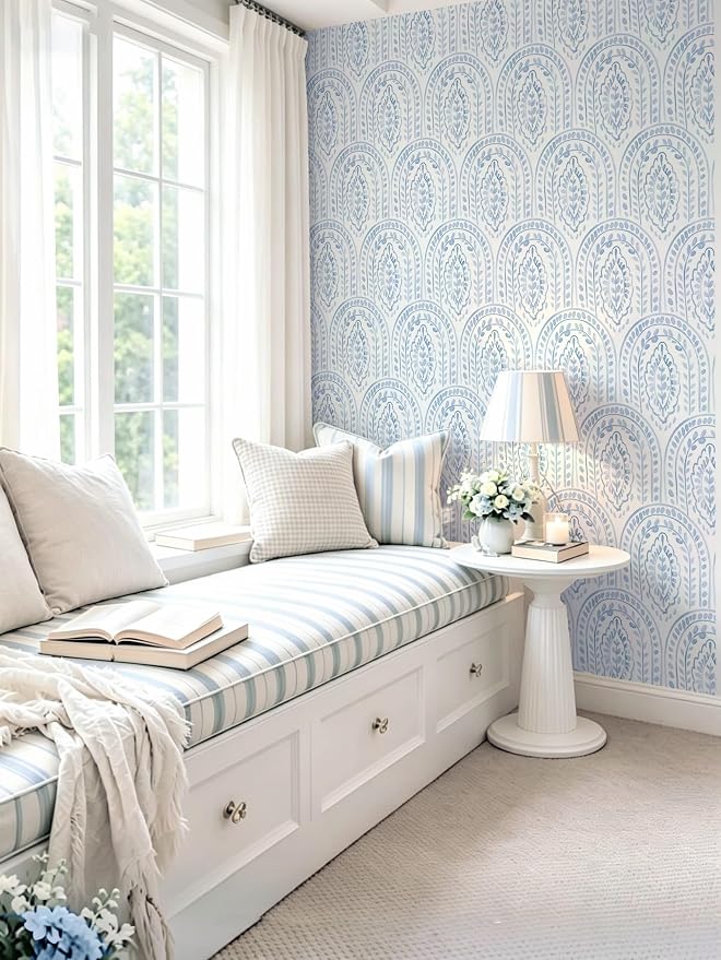 Peel and Stick Wallpaper Modern Wall Paper Boho Contact Paper Removable Wallpaper Peel and Stick Blue and White Self-Adhesive for Bathroom Bedroom Kitchen Wall Decor 17.3" x 118" - Image 4
