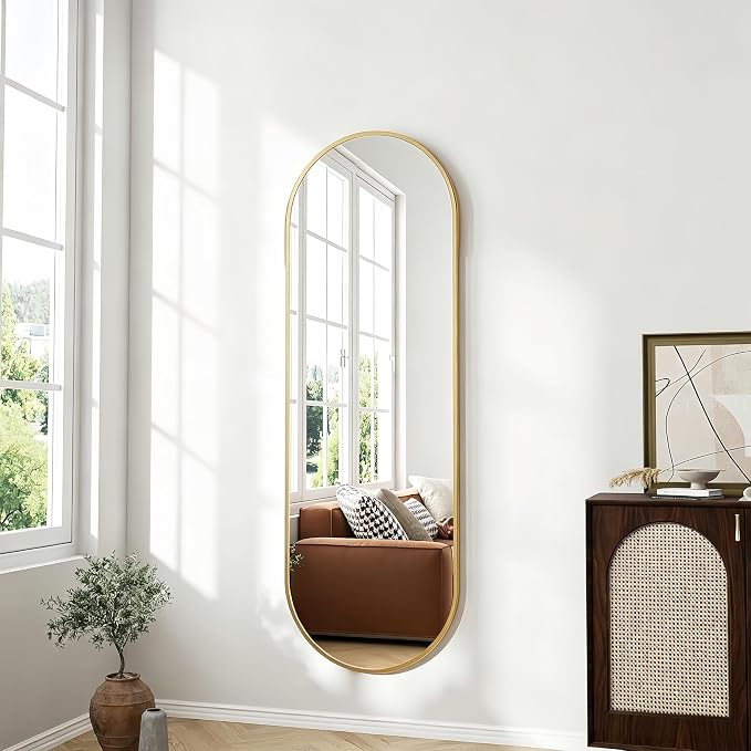 Dewfig 48"x16" Full Length Mirror, Oval Wall Mirror, Leather Strap, Gold - Image 3