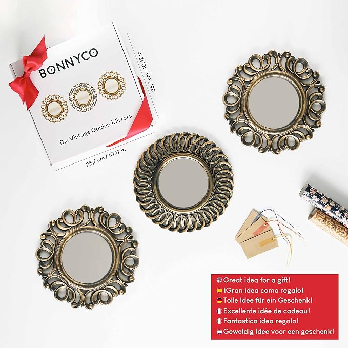 BONNYCO Wall Mirrors Pack of 3, Round Gold Mirrors for Home Decor Bedroom and Living Room. Espejos Decorativos de Pared Sala Dormitorio, Circle Wall Decor Minimalist Vintage Chic. Gifts for Women Mums - Image 7