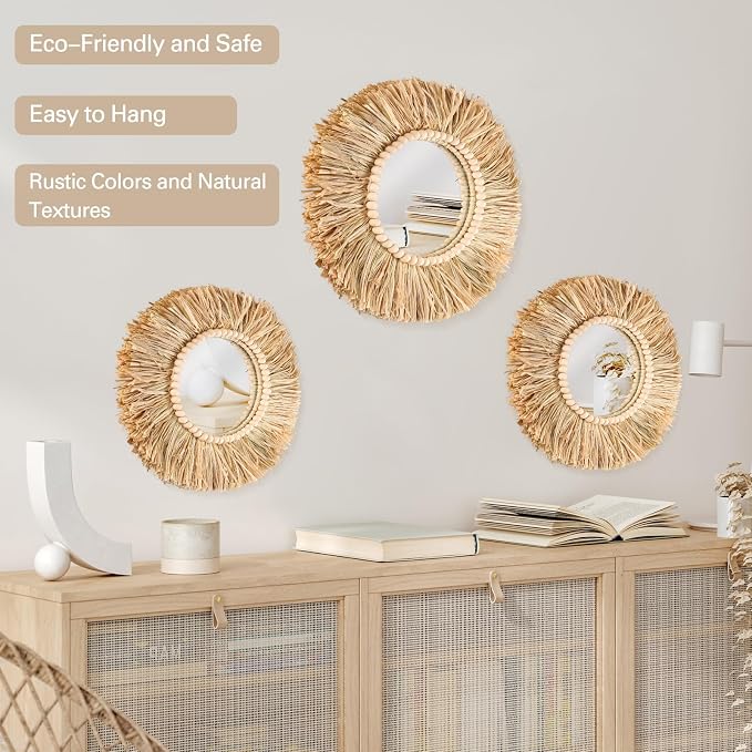 3 Pcs Boho Raffia Round Mirror Wall Hanging Decor with Wood Bead - Image 5