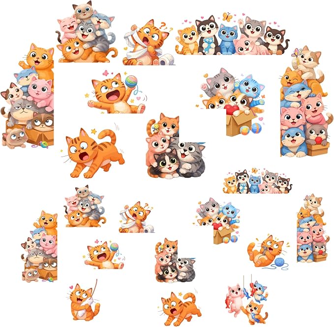PLIGREAT 21 Pcs Cartoon Cat Wall Stickers, Cute Animal Wall Decals for Door Peel and Stick Vinyl Cats Switch Stickers for Nursery Bedroom Living Room Bathroom Home Door Corner Decor - Image 5